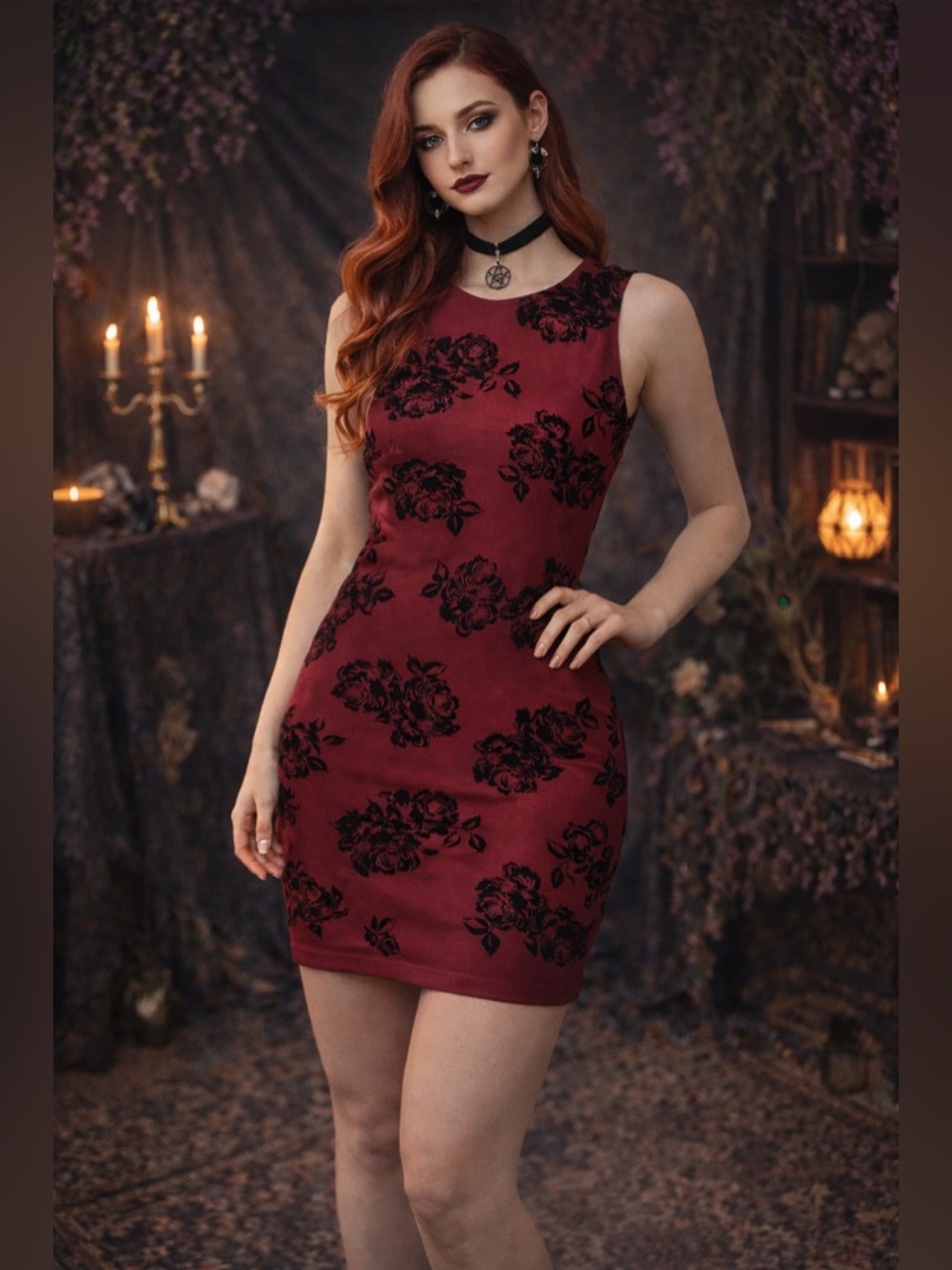 Midnight Doll Sleeveless Dress Wine Color Black Velvet Roses🖤 fairycore whimsy